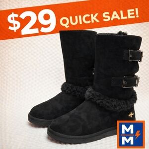 Willobee Black Suede Buckle Winter Boots Faux Fur Lined Size 8